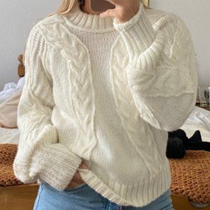 NEW EXPRESS IVORY CABLE KNIT BALLOON SLEEVE SWEATER MEDIUM